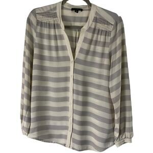 Willi Smith Women's Small Gray White Blouse Striped Button Up V-Neck Long Sleeve